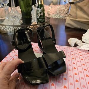 Robert Clergerie Black Patent Square-Toe Sandals with Ankle Strap